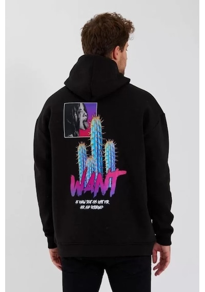 Efnaz Style Erkek Baskılı Üç İplik Kapüşonlu Oversize Sweatshirt - Siyah