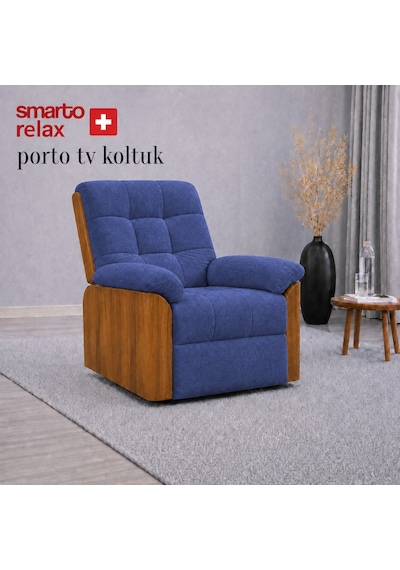 Smarto Relax Porto Tv Koltuğu Elektrikli Masajlı Isıtmalı Döner Sallanan Ahşap Yan Panelli Polyester Kumaş Baba Koltuğu Mavi