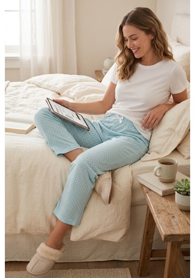 Mataş Kadın Viskon Pijama Altı Rahat Kesim Fiyonk Bağcıklı Bel Mavi