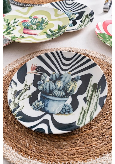 6'lı Kaktüs Desenli Pasta Tabağı Seti 20 Cm - Kahvaltı & Tatlı Sunum Renkli