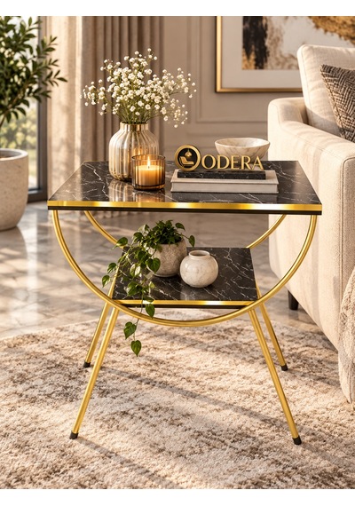Odera Bendir Siyah Mermer Desenli Çift Raflı Yan Sehpa Komodin Metal Ayaklı Retro Modern Sehpa Diğer