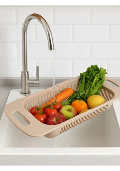 Sürgülü Ayarlanabilen Lavabo Süzgeci, Meyve Sebze Yıkama Süzgeci Evye Ayarlı Süzgeç Bej Plastik Diğer