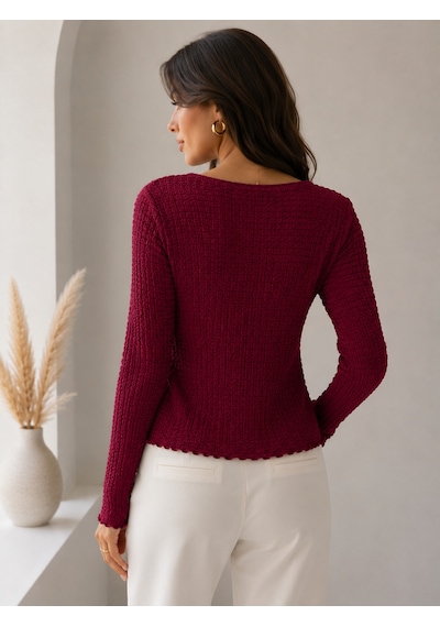 Sortie Collection V Yaka Bürümcük Detaylı Uzun Kollu Bluz Bordo