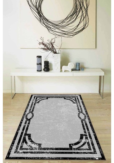 Gri Çerçeveli Kaymaz Tabanlı Makinede Yıkanabilir Halı Mk42n11