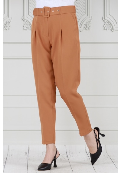 Sevitli Beli Kemerli Pileli Kalem Pantolon-camel-3683-camel Camel