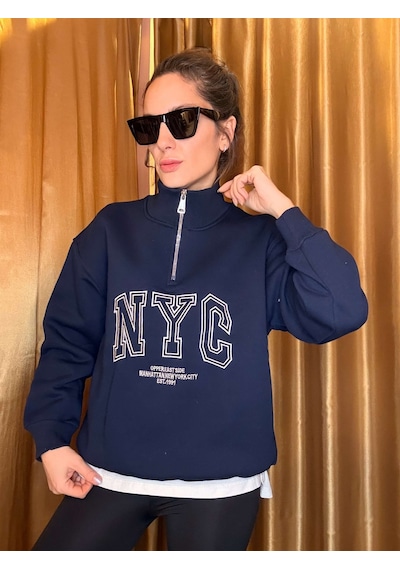 Ali Butik Lacivert Nyc Nakışlı Şardonlu Sweatshirt Lacivert