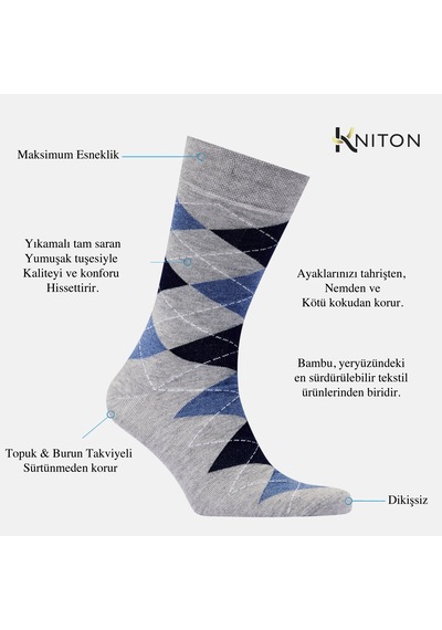 Erkek Bambu Çorap Gri Desenli Dikişsiz Premium 5 Çift Soket Çorap Açık Gri