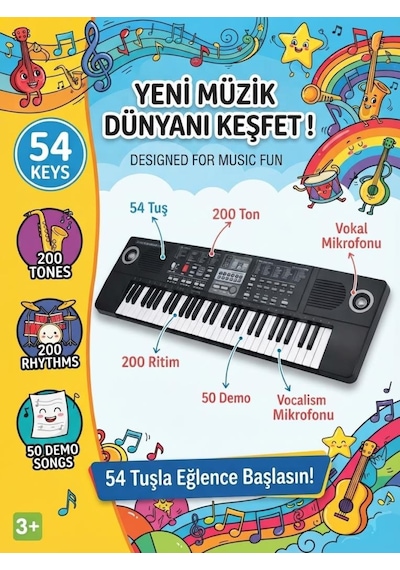 54 Tuşlu 200 Farklı Ton Ve Ritim Seçenekli 50 Demo Şarkılı Mikrofonlu Eğitici Elektronik Org