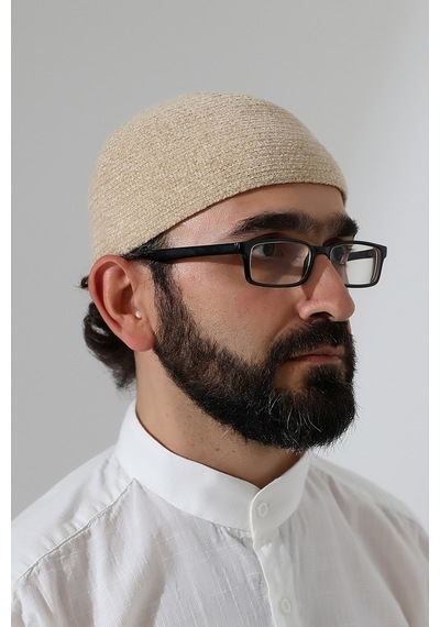 Kışlık Kadife Takke Düz Desen - Krem Krem