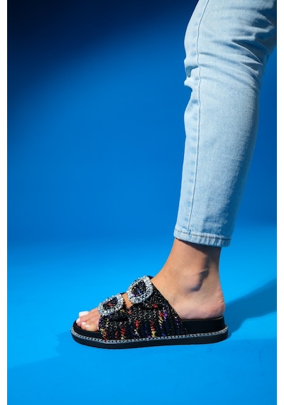 Luvishoes Dungeon Siyah Renkli Tüvit Çift Bantlı Taş Tokalı Kadın Terlik Siyah