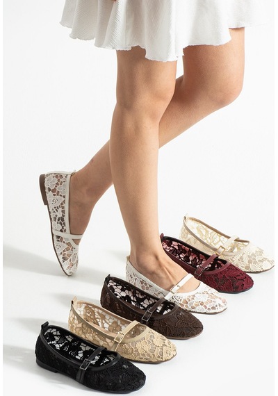 Dabab Shoes Merına Kadın Bordo Düz Babet Dantel Dokuma Çiçek Desenli Tokalı Düz Ayakkabı