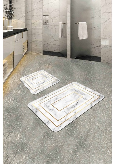 Beyaz Mermer Desen Banyo Halısı Klozet Paspas Seti Bs343 Kırık Beyaz