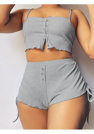 Sinemonline Kadın Ip Askılı Crop Bluz Ve Yanlardan Büzgülü Ikili Kaşkorse Short Takım Gri
