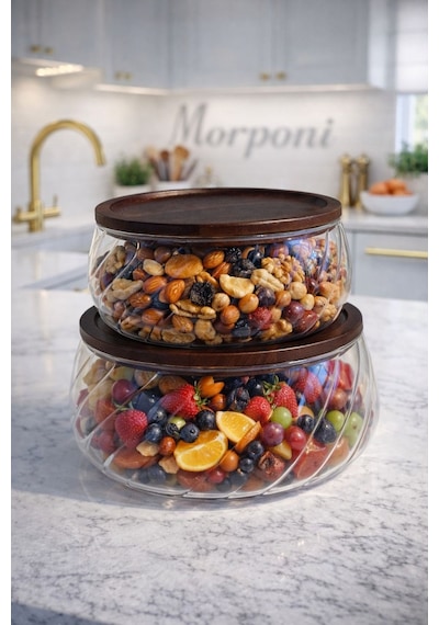 Morponi 2'li Borosilikat Cam Lüks Akasya Kapaklı Cam Kase - Sunumluk-salata Kasesi 18 Cm - 22 Cm Dalgalı Model Şeffaf