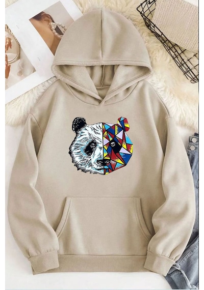 Medinenur Panda Baskılı Kapüşonlu Sweatshirt Bej