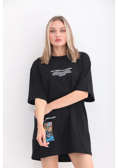 Novalisse Kadın Bisiklet Yaka Baskılı Oversize T-shirt - Siyah Çoklu Renk