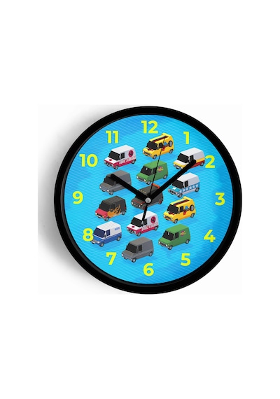 Renkli Minibüs Çizimli Modern Çocuk Odası Duvar Saati - 30cm - Önü Camlı Siyah Kasa-jh0786 Siyah