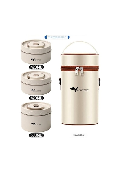 Valkyrie 3 Gözlü Paslanmaz Çelik Isı Yalıtımlı Yemek Kabı Seti Çantalı 304 Steel 2 X 420ml + 550ml Krem