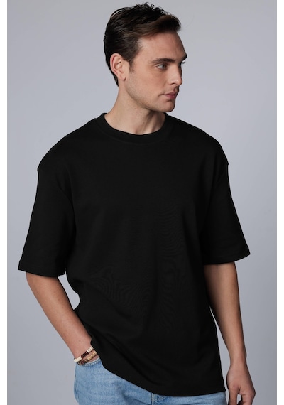 Tudors Unisex Oversize Geniş Kesim Pamuklu Yumuşak Dokulu Basic Bisiklet Yaka Siyah Tişört-30843-siyah Siyah