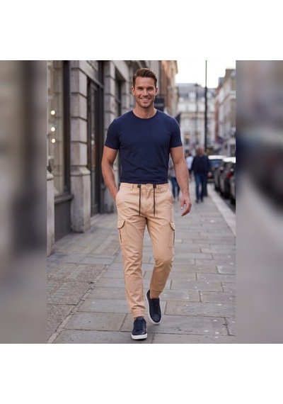 Deepsea Erkek Slim Fit Likralı Vizon Kargo Jogger Pantolon İpli Bel Lastikli Paça 1601569