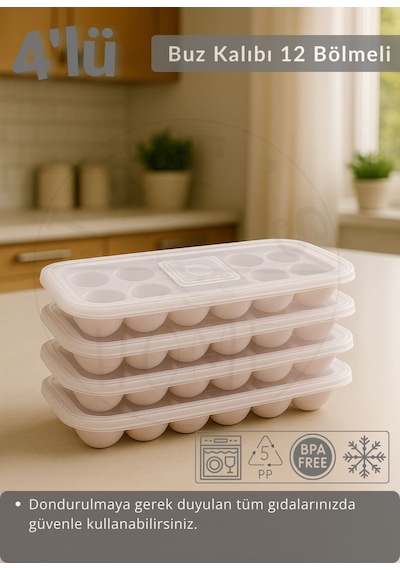 4'lü Set Buz Kalıbı 12 Bölmeli Esnek Silikon Buz Küpü Bpa Free Yuvarlak Bas Parmak Buzluk Çapı 3,5 Cm Pembe Pembe