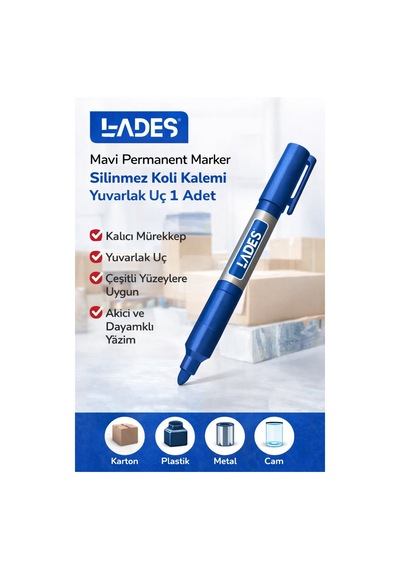 Lades Mavi Permanent Marker Silinmez Koli Kalemi Yuvarlak Uç 1 Adet Çok Renkli