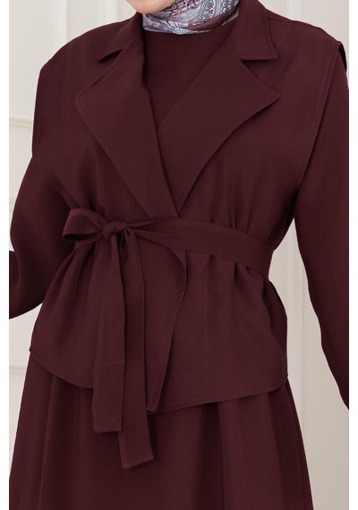 Sevitli Tensel Yelekli Asel Elbise-bordo-5042 Bordo