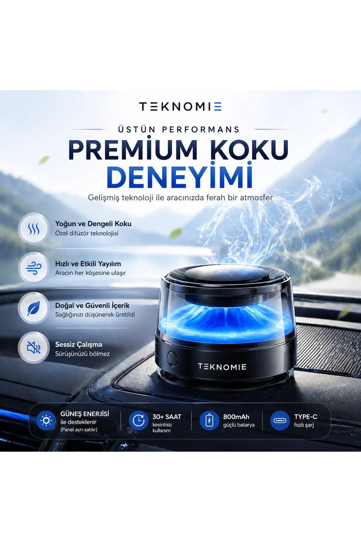 Teknomie Araç İçi Akıllı Koku Difüzörü Usb Type-c Şarjlı, 30+ Saat Kullanım, Otomatik Sensörlü, Premium Oto Parfüm Woody Fragrance