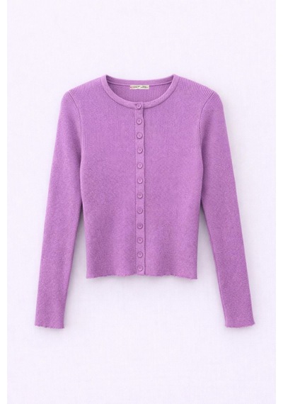 Hiccup Mixray Düğmeli Slim Fit Yivli Örgü Hırka Lila Mor