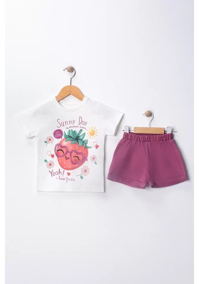 Najmaddin Baby 1/5 Yaş Çilek Baskılı Basic Tişörtlü Şortlu Çocuk Takımı Najmaddin Mürdüm
