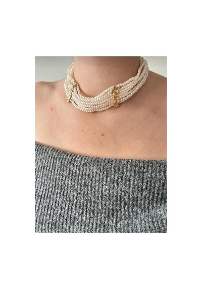 Lunarie Çok Sıralı İnci Choker Kolye 14k Gold Ara Detaylı Vintage Beyaz