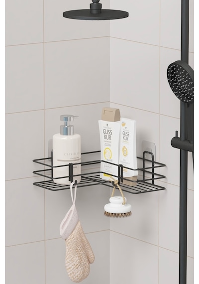 Zabata Yapışkanlı Banyo Köşeliği Köşe Rafı Duş Şampuanlık Duvar Düzenleyici Organizer Raf Siyah Metal Siyah