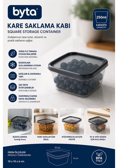 250 Ml Kare Saklama Kabı Kapaklı Plastik Gıda Saklama Kabı Şeffaf Erzak Ve Buzdolabı Düzenleme Kabı Şeffaf