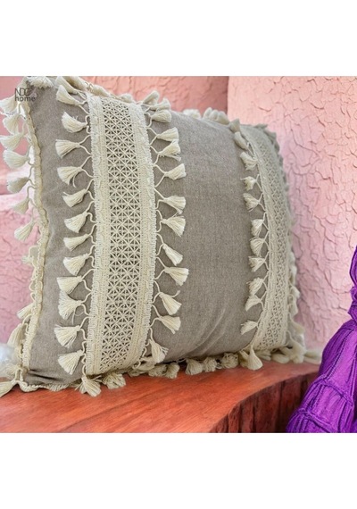 Dnc Home Tekstil Ndchome Bej Keten Kalın Dantel Ponponlu Kırlent Kırlent Kılıfı 43 X 43