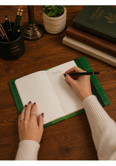 Bilikolik Hakiki Deri A5 Defter Kılıfı, El Yapımı, Telefon Cepli Ajanda Organizer, Defter Ve Kalem Dahil Yeşil