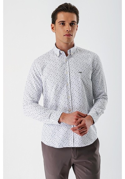 İmza Beyaz Uzun Kollu Baskılı Bez Ayağı Düğmeli Yaka Cepsiz Pamuklu Slim Fit Gömlek 1004235170-beyaz Beyaz