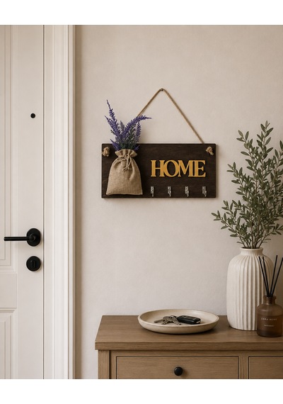 Lavanta Çiçekli Home Yazılı Anahtarlık Ceviz
