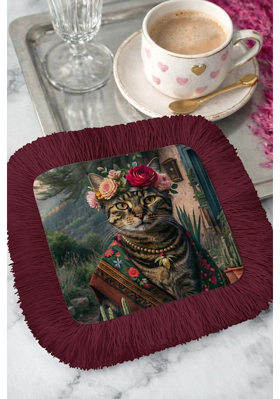 Bohem Sanatsal Kedi Püsküllü Servis Altlığı Mendil - Vintage Çiçekli Rustik Bordo Sunumluk Peçete Çok Renkli