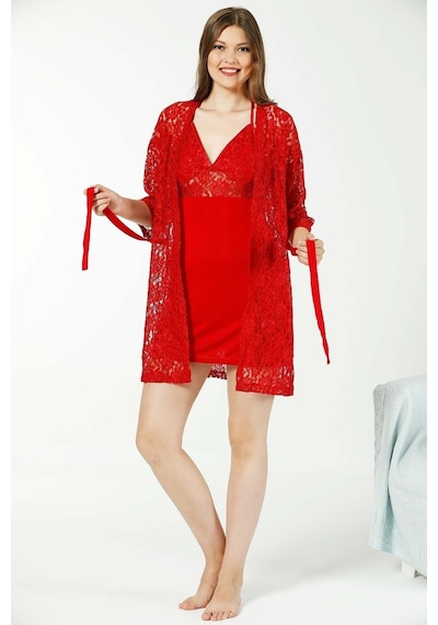 Farya Home Lingerie Özel Kutulu Dantelli Kuşaklı Sabahlıklı Sırt Detaylı Gecelik Takımı Kırmızı Dantelli Kırmızı