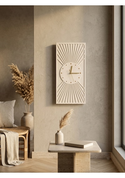 Kaveld Solaria Minimalist Duvar Saati - Modern Bohem Güneş Işınları Motifli Saat, Özel El Yapımı Duvar Saati Bej