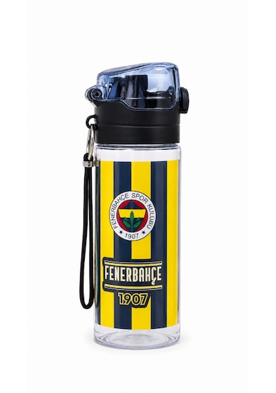 Fenerbahçe Lisanslı Pipetli Plastik Matara - Çubuklu Desenli Kilitli Kapak Su Matarası 500 Ml Sarı - Lacivert