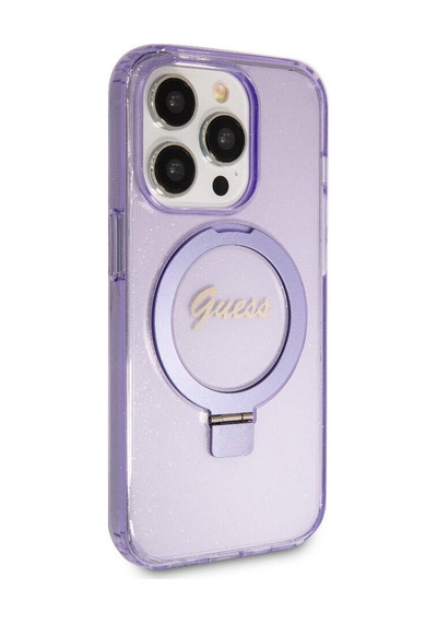Apple Uyumlu iPhone 15 Pro Kılıf Guess Lisanslı Magsafe Özellikli Simli Ring Standlı