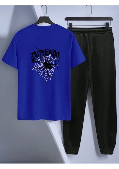 Uyguntarz Unisex Scream Siyah Tasarım Basklı Tshirt Eşofman Takımı Mavi