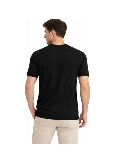 Vexor Erkek Yazlık Fitilli Triko Tişört Kısa Kol Bisiklet Yaka T-shirt - Siyah