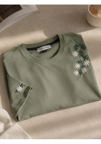 Yubistitch Tshirt Nakış İşlemeli Çiçek 6--yeşil