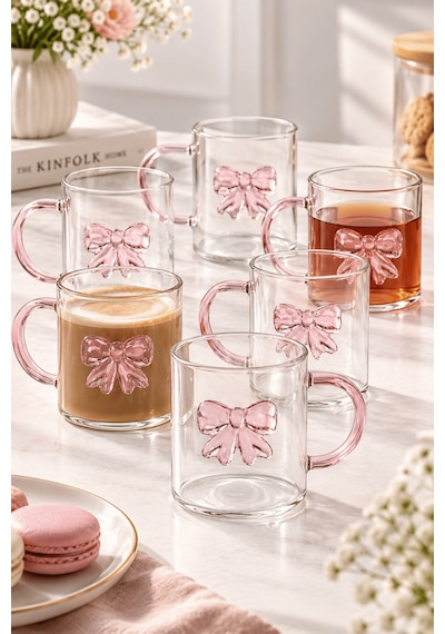 6 Lı 240 Ml Pembe Fiyonk Kurdele Detaylı Cam Kupa Seti Çay Kahve Bardağı Şeffaf