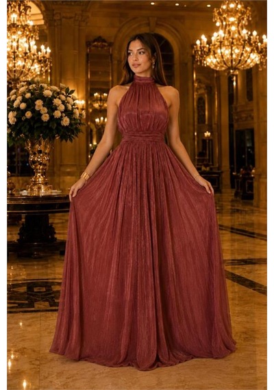 Neşeli Butik Kadın Kiremit Halter Yaka Janjan Kumaş Premium Abiye Elbise Nbmy4128