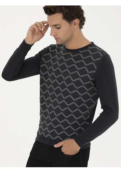 Cacharel Antrasit Slim Fit %100 Pamuk Bisiklet Yaka Triko Kazak Gri