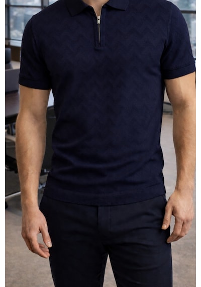 Erkek Slim Fit Fermuarlı Polo Yaka Triko Tişört Lacivert