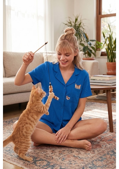 Lela Gömlek Yaka Beli Lastikli Kısa Kollu Şortlu Bayan Pijama Takımı 611Pt00123 Mavi